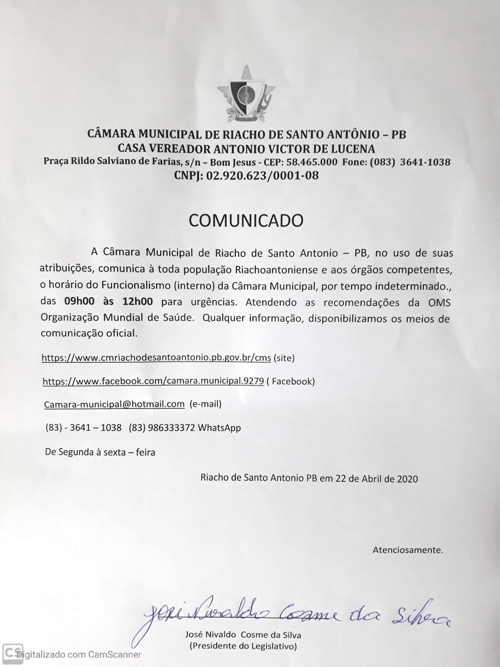 Comunicado sobre o expediente da Câmara Municipal de Riacho de Santo Antonio durante o COVID19